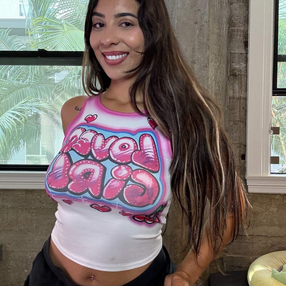 White and Pink Graphic Crop Tank Top